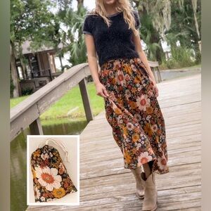Natural Life Floral Boho Maxi Skirt in Black with Autumn Floral Print
